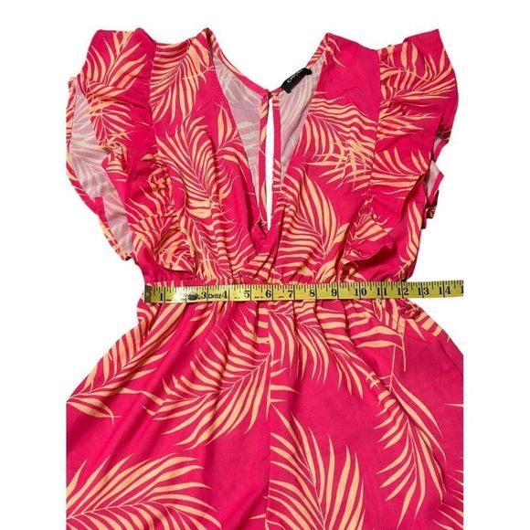 Women’s Pink Palm Leaf Print Deep V-Neck Flutter Sleeve Romper- Size Small - Picture 14 of 16